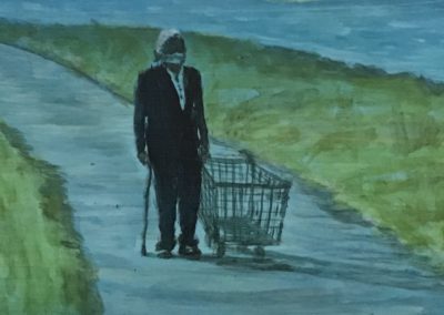 covid-19-oldman with shoping trollot, flaggy shore. Acrylic on panel. 10 x 20 cm.